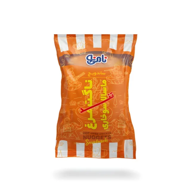 بسته بندی تازه مینی ساندویچ ناگت مرغ سوخاری ماسالا تند 120 گرمی برند نامی نو آماده مصرف