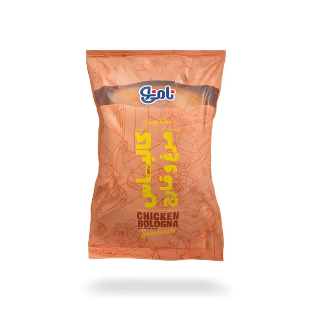 تصویر بسته بندی مینی ساندویچ کالباس مرغ و قارچ با سس مخصوص نامی نو 120 گرمی کاملا تازه